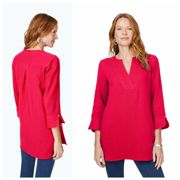 Foxcroft Vena Cotton Gauze Popover Blouse Bright Pink Barbie Pink Size 10 10P - Picture 1 of 8